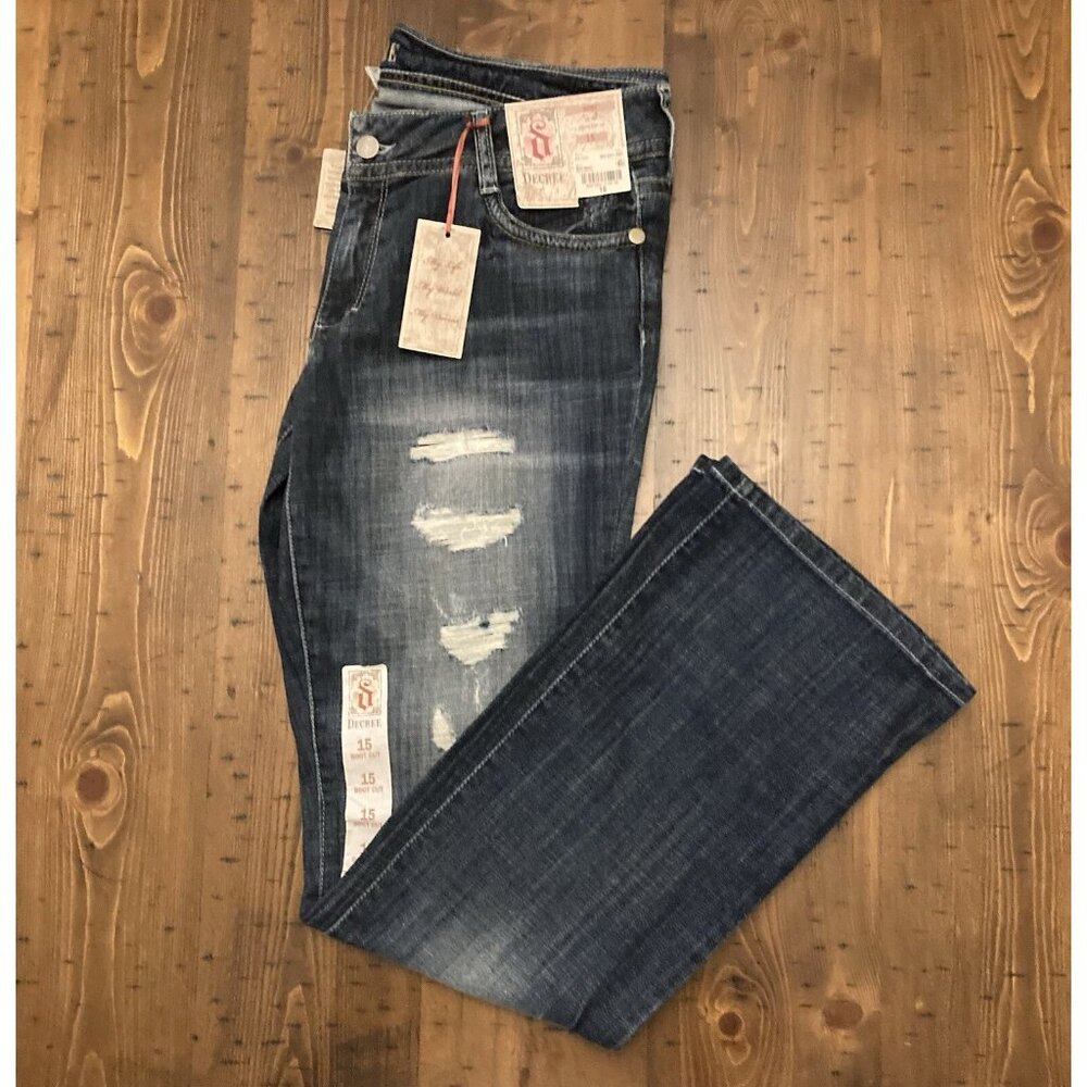 Decree Womens Boot Cut Dark Wash Distressed Whiskered Cotton Jeans Junior 15 NWT